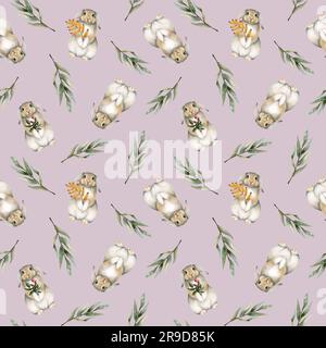 Watercolor cute bunny rabbit with green leaves seamless pattern on dust pink. Hand drawn adorable hare, branches Stock Photo