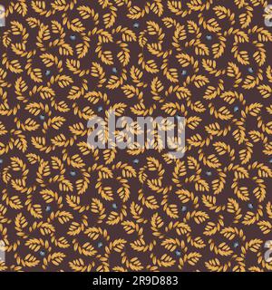 Watercolor yellow fall leaves and blue berries seamless pattern on dark brown. Warm autumn botanical background Stock Photo
