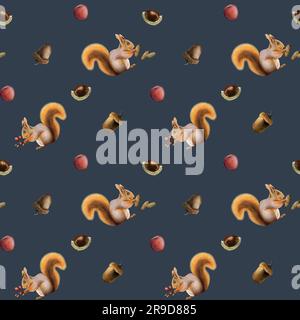 Orange squirrel with pine cones, acorns, red berries and chestnuts watercolor seamless pattern on dark navy blue Stock Photo