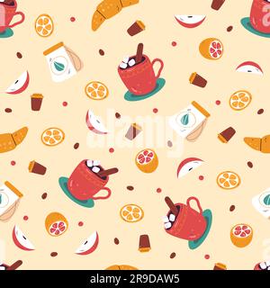 Tea seamless pattern. Hot drinks in ceramic mugs, coffee and sweet pastry. Decor textile, wrapping paper, wallpaper design. Print for kitchen fabric Stock Vector
