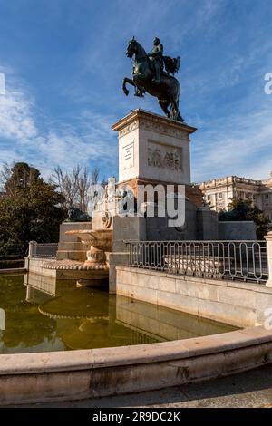 Madrid, Spain - FEB 16, 2022: The Plaza de Oriente is a square in the historic center of Madrid. Designed in 1844, located in front of the Royal Palac Stock Photo