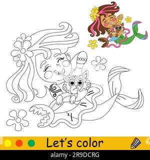 Cute and happy little mermaid and a sea cat. Vector cartoon black and white illustration. Kids coloring page with a color sample. For print, design, p Stock Vector
