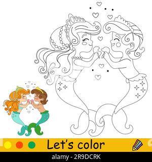 Cute and happy two mermaids falling in love. Vector cartoon black and white illustration. Kids coloring page with color sample. For print, design, pos Stock Vector
