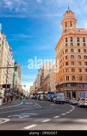 Madrid, Spain - FEB 16, 2022: The Gran Via is one of Madrid's most important shopping areas, with a large number of hotels and movie theatres. Stock Photo