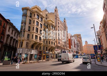 Madrid, Spain - FEB 16, 2022: The Gran Via is one of Madrid's most important shopping areas, with a large number of hotels and movie theatres. Stock Photo