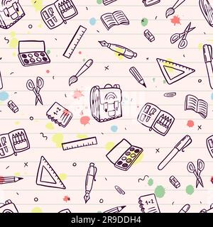 Cute hand drawn back to school seamless pattern, lovely school supplies, great for banners, wallpapers, wrapping - vector design Stock Vector