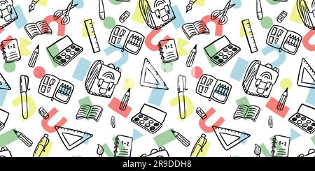 Cute hand drawn back to school seamless pattern, lovely school supplies, great for banners, wallpapers, wrapping - vector design Stock Vector