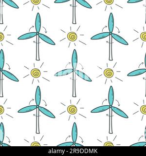 Net energy of sun and wind pattern. Windmill seamless pattern doodle style. Caring for the environment, using renewable energy sources, vector Stock Vector