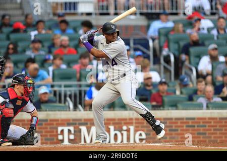 ATLANTA, GA - JUNE 15: Colorado Rockies designated hitter Jorge Alfaro (38)  eyes a pitch during the Thursday evening MLB game between the Colorado  Rockies and the Atlanta Braves on June 15