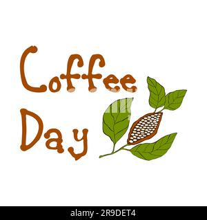 National Coffee Day lettering with hand drawn cocoa branch. Isolated, white background. Vector illustration Stock Vector