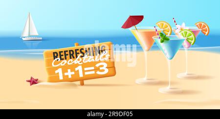 Beach party poster with 3d cocktails illustration in triangle martini glasses with umbrella and limon slices, with board promo one plus one is three Stock Vector