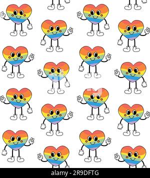 Vector seamless pattern of retro groovy cartoon lgbt heart isolated on white background Stock Vector