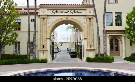 Arch at Bronson Gate with a view into the studios of Paramount Pictures Studios Hollywood Los Angeles California USA Stock Photo