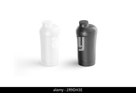 Blank black and white fitness shaker bottle mockup, side view, 3d rendering. Empty blender or mix tumbler for sport nutrient drink mock up, isolated. Stock Photo