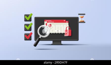 3D Vector Conceptual Illustration algorythm of actions when technical problem occures with pc and error screen with to do list check boxes Stock Vector