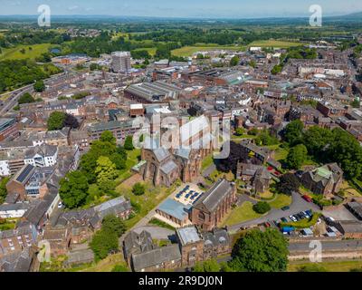 An aerial drone photo of the cathedral in Carlisle. Carlisle is a town in Cumbria, north-west England Stock Photo