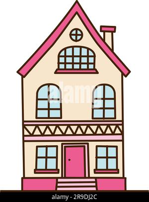 yellow house isolated on white background. Bright, stylish, beautiful architecture. Two floors, 5 windows, purple roof. Design element for different p Stock Vector