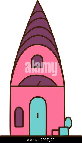 Pink house icon. Comfortable and cozy house, real estate. Urban or rural architecture. Modern city or village. Graphic element for printing on childre Stock Vector