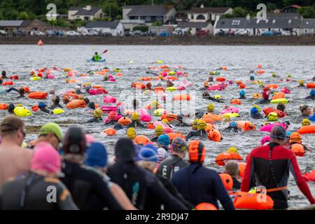 Kessock Ferry, Inverness, UK. 25th June, 2023. This is scenes from the Kessock ferry Swim which is a Charity Event whereby swimmers cross the old Ferry Line between Kessock and Beauly. Credit: JASPERIMAGE/Alamy Live News Stock Photo