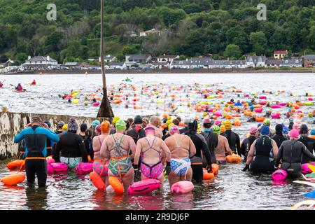 Kessock Ferry, Inverness, UK. 25th June, 2023. This is scenes from the Kessock ferry Swim which is a Charity Event whereby swimmers cross the old Ferry Line between Kessock and Beauly. Credit: JASPERIMAGE/Alamy Live News Stock Photo