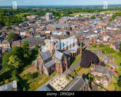 An aerial drone photo of the cathedral in Carlisle. Carlisle is a town in Cumbria, north-west England Stock Photo