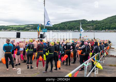 Kessock Ferry, Inverness, UK. 25th June, 2023. This is scenes from the Kessock ferry Swim which is a Charity Event whereby swimmers cross the old Ferry Line between Kessock and Beauly. Credit: JASPERIMAGE/Alamy Live News Stock Photo