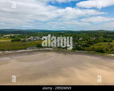 Aerial drone photo of the Morecambe Bay near Silverdale in western England. When the tides are low the beach is really big. Stock Photo
