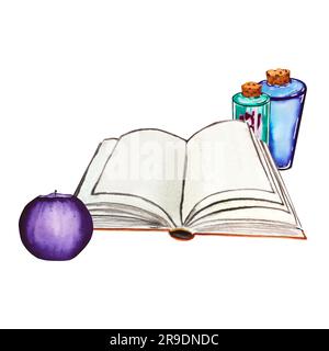 Book with candles and potions. Watercolor illustration of Halloween set isolated on white background. Hand drawn for your design Stock Photo