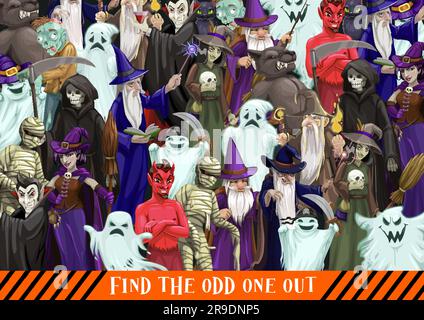 Halloween characters quiz game. Find the odd one out puzzle or vector riddle with ghost, wizard and witch, Dracula vampire, devil of hell demon, mummy and zombie character, werewolf, death Grim Reaper Stock Vector