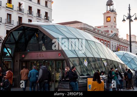 Berlin, Germany - FEB 17, 2022: Metro sign and logo at the entrance of Sol Station in Madrid, Spain. Stock Photo