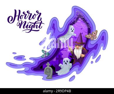 Halloween paper cut ghost with cemetery landscape double exposition. Vector 3d effect papercut frame in shape of spook with funny wizard, moth and phantom characters at midnight graveyard with trees Stock Vector