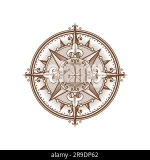 Vintage Medieval antique wind rose compass with arrows on star, vector old navigation symbol. Retro marine map, ancient cartography and sail navigation symbol of wind rose compass in woodcut hatching Stock Vector