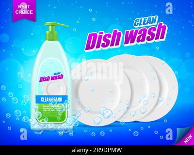 Dish cleaner, kitchen dish soap. Detergent dishware bottle, plates and bubbles. 3d vector poster with liquid product in plastic tube and clean platters on blue background, advertising promo template Stock Vector
