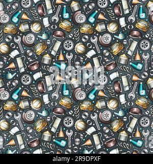 Cartoon cute doodles Automotive seamless pattern. Colorful detailed, with lots of objects background. Backdrop with car parts symbols and items Stock Vector