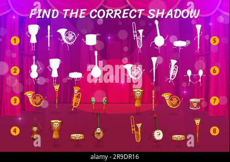 Find the correct shadow of cartoon musical instrument characters on the stage. Shadow match puzzle vector worksheet with french horn, trumpet, maracas, violin and tambourine cheerful personages Stock Vector