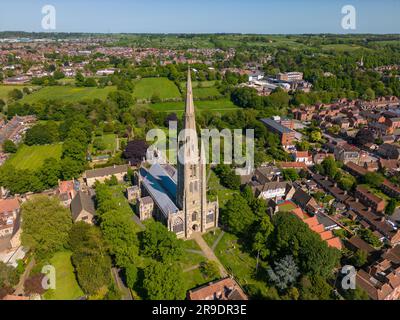 Aerial drone photo of the church in Grantham. Grantham is a town in Lincolnshire, England. Stock Photo
