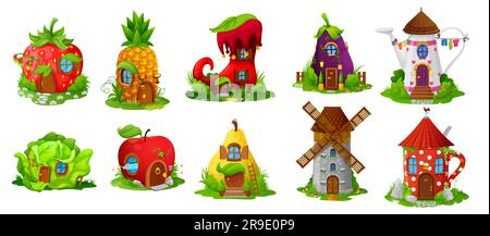 Fairytale houses and dwellings. Cartoon vector fairy, dwarf or gnome boot, strawberry, pineapple and eggplant homes. Watering can, cabbage, apple, pear or windmill, mug house buildings Stock Vector