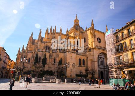 Segovia, Spain - February 18, 2022: Segovia Cathedral is the Gothic style Roman Catholic cathedral located in the Plaza Mayor in Segovia, Castile-Leon Stock Photo