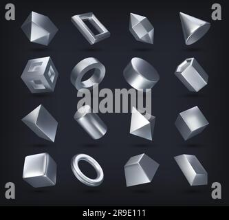 Realistic 3d silver math geometric shapes. Vector set of cube, cylinder, ring, octahedron, cone, pyramid and parallelepiped. Square, hexagonal and pentagonal prism, dodecahedron, icosahedron, pyramid Stock Vector