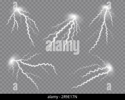 Lightning thunderstorm effect. Electric spark, flash strike, thunder bolt  of white color. Isolated realistic 3d vector powerful electrical discharge  with glow. Impact, crack, magical energy explosion Stock Vector Image & Art  