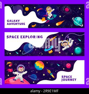 Cartoon space banners. Funny astronauts and space galaxy landscape. Vector bookmarks or horizontal cards with cute kid cosmonaut soar in weightlessness, riding rocket, engage in colonization mission Stock Vector