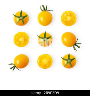 Square pattern of yellow cherry tomatoes on white background with copy space. Stock Photo