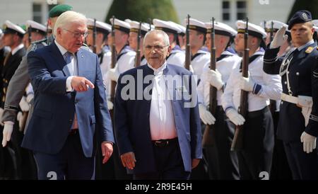 Berlin, Germany. 26th June, 2023. German President Frank-Walter Steinmeier (l) receives the President of the Democratic Republic of Timor-Leste, José Ramos-Horta, with military honors in front of Bellevue Palace. Credit: Wolfgang Kumm/dpa/Alamy Live News Stock Photo