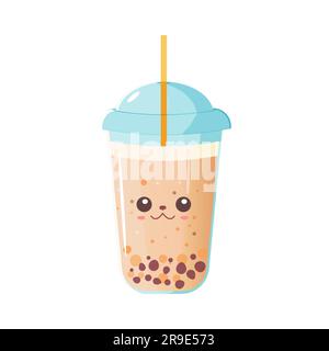 Coffee, milk, frappe bubble tea with a cute face. in a take-out glass. Cartoon style. Vector illustration. Stock Vector