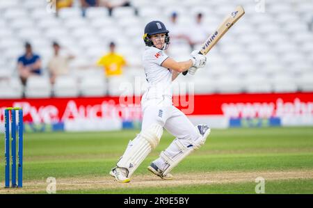 Emma Lamb batting for England against Australia on day four of the 2023 Women’s Ashes Test series. Stock Photo