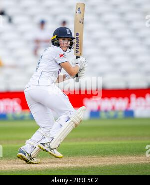 Emma Lamb batting for England against Australia on day four of the 2023 Women’s Ashes Test series. Stock Photo