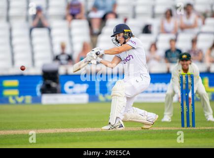 Emma Lamb batting for England against Australia on day four of the 2023 Women’s Ashes Test series. Stock Photo