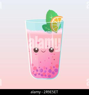 Fruity pink bubble tea with mint and orange or lemon with a cute kawaii face. Vector illustration. Stock Vector