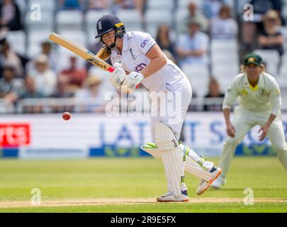 Sophie Ecclestone batting for England against Australia  on day five of the 2023 Women’s Ashes Test series. Stock Photo