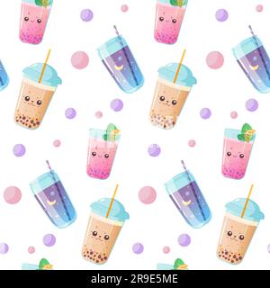 A pattern of bubble tea, milk tea, fruit tea, and tapioca in a kawaii cartoon style. Stock Vector